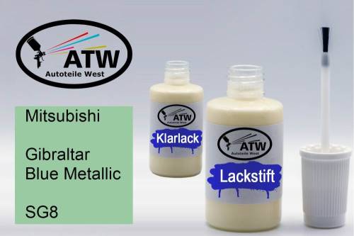 Mitsubishi, Gibraltar Blue Metallic, SG8: 20ml Lackstift + 20ml Klarlack - Set, von ATW Autoteile West.